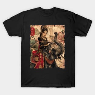 Asian Elephant with Woman Vintage Traditional Art T-Shirt